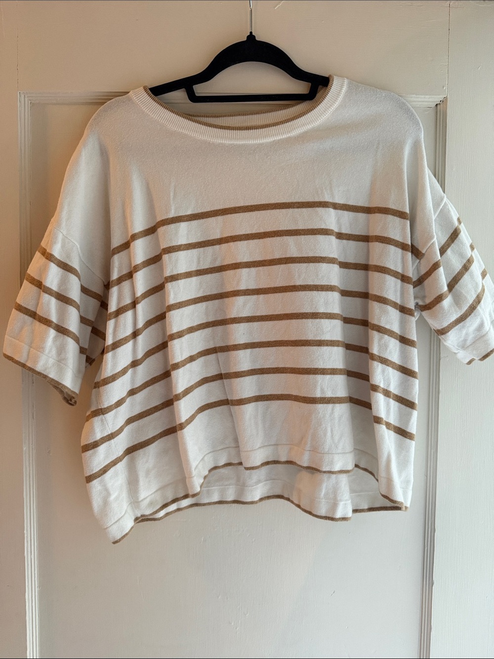 CeCe Cream and Tan Striped Relaxed Knit Top